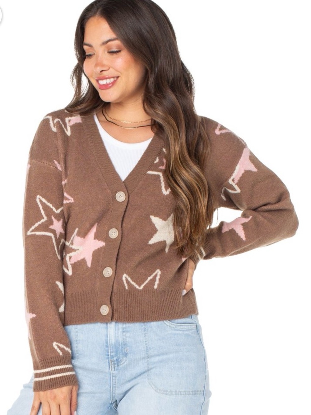 Celebrity Pink Brown V-Neck Star Cardigan
